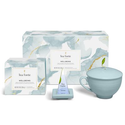 Tea Forte Wellbeing 3-Piece Premium Tea Gift Set with Light Blue Cafe Cup with Lid, Tea Tray and 10 Assorted 2 of Each Variety Organic Handcrafted Pyramid Infuser Tea Bags