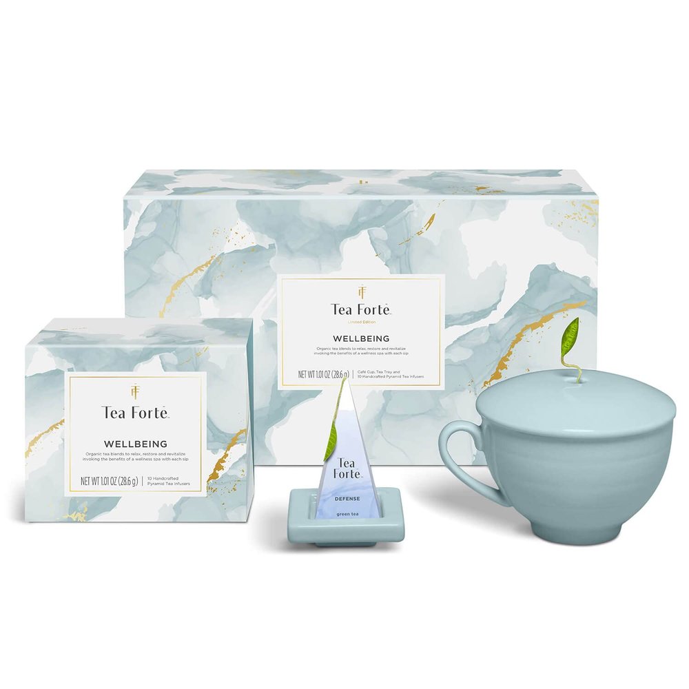 Tea Forte Wellbeing 3-Piece Premium Tea Gift Set with Light Blue Cafe Cup with Lid, Tea Tray and 10 Assorted 2 of Each Variety Organic Handcrafted Pyramid Infuser Tea Bags
