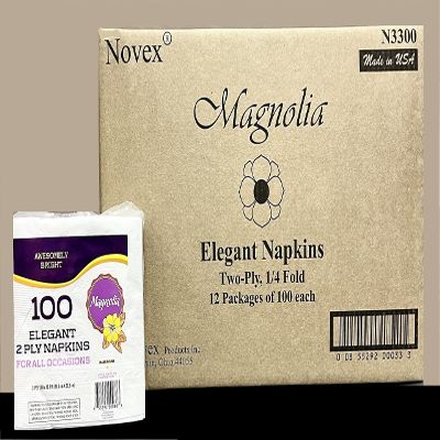 Premium Elegant Two-Ply Everyday White Napkins, 1/4 Fold, 13"x12.7", Magnolia by Novex