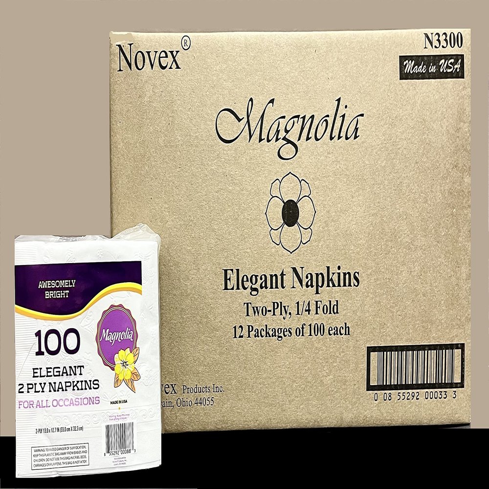 Premium Elegant Two-Ply Everyday White Napkins, 1/4 Fold, 13"x12.7", Magnolia by Novex