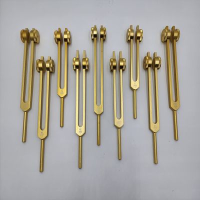 YANTRA Sacred Solfeggio Gold Color Weighted Tuning Forks Set of 9 DNA Repair with Striker and Velvet Bag