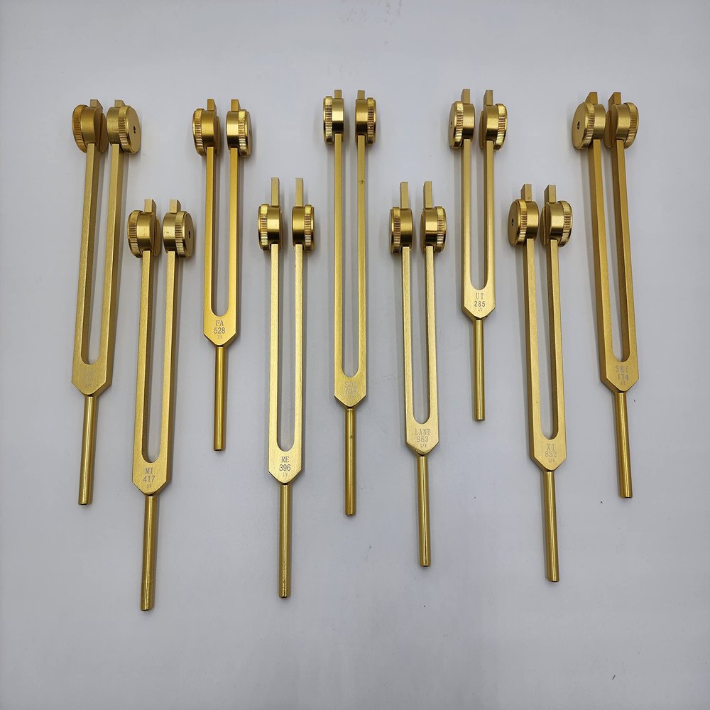 YANTRA Sacred Solfeggio Gold Color Weighted Tuning Forks Set of 9 DNA Repair with Striker and Velvet Bag