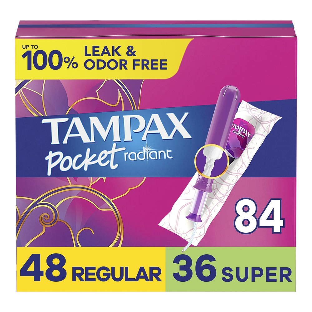 Tampax Compact Radiant Tampons for Women Multipack, with LeakGuard Braid & Extendable Applicator, Regular/Super Absorbency, Unscented, 84 Count (3 Packs of 28)