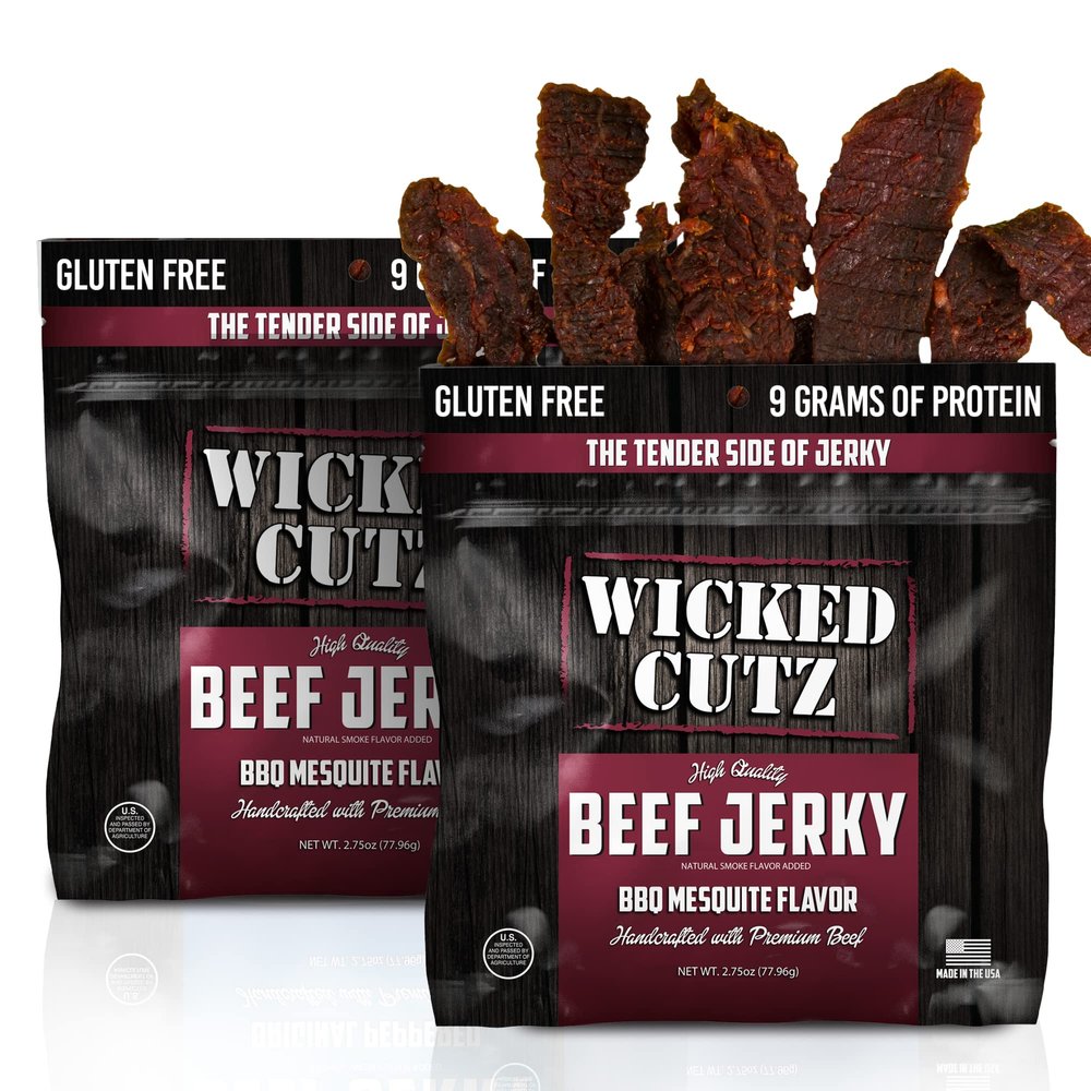 Wicked Cutz BBQ Mesquite Beef Jerky, 21g Protein Per Bag, Tender & Easy to Chew Alternative to Beef Sticks, USA Made High Protein Carnivore Snacks (2 Bags)