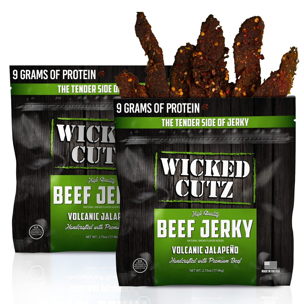 Wicked Cutz Volcanic Jalapeo Spicy Beef Jerky, 27g Protein Per Serving, Tender & Easy to Chew Alternative to Beef Sticks, USA Made High Protein Carnivore Snacks (2 Bags)