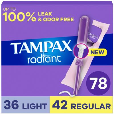 Tampax Radiant Tampons Multipack, with LeakGuard Braid, Light/Regular Absorbency, Up to 100% Leak and Odor Free Protection, Unscented, 26 Count x 3 Packs (78 Count Total) (Packaging May Vary)