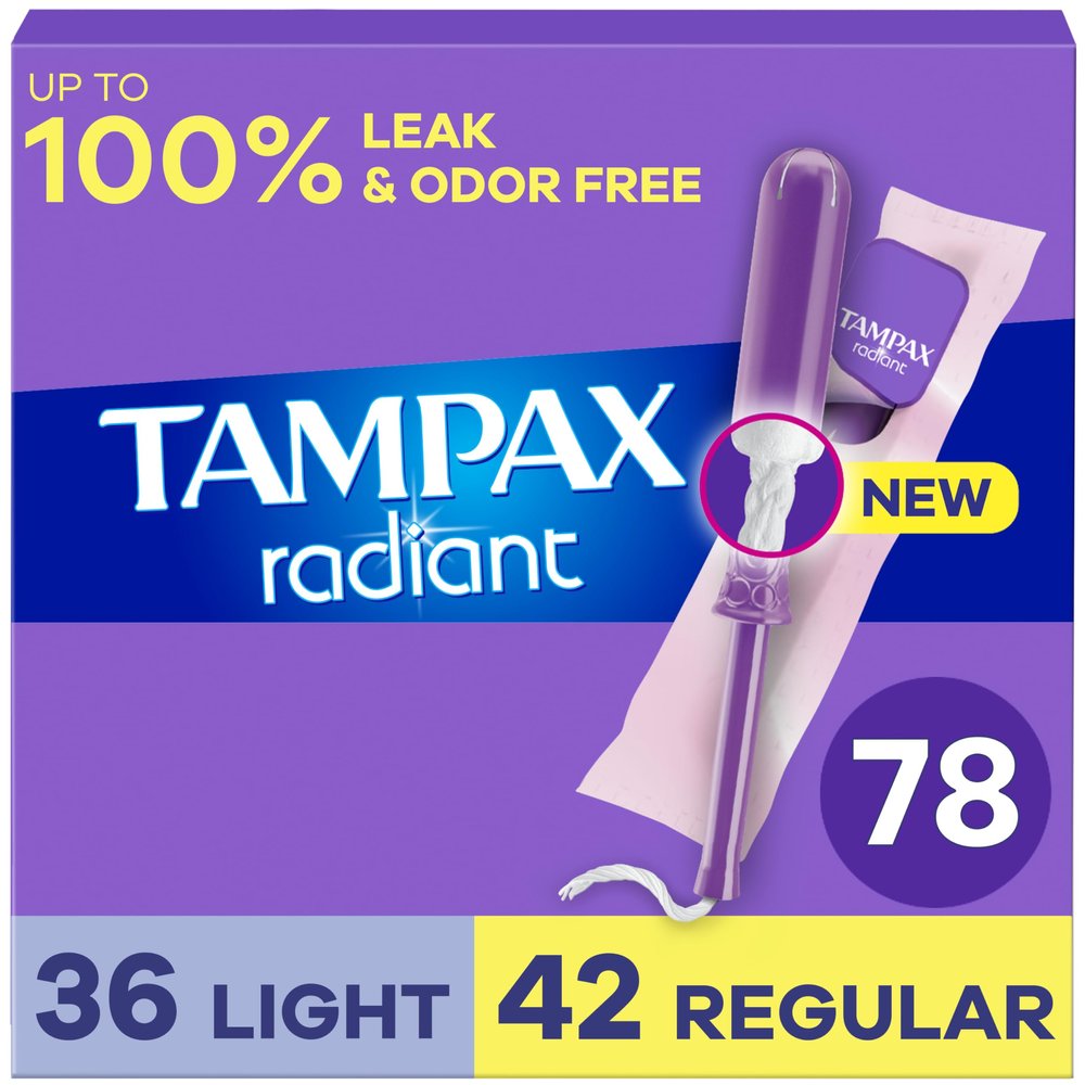 Tampax Radiant Tampons Multipack, with LeakGuard Braid, Light/Regular Absorbency, Up to 100% Leak and Odor Free Protection, Unscented, 26 Count x 3 Packs (78 Count Total) (Packaging May Vary)