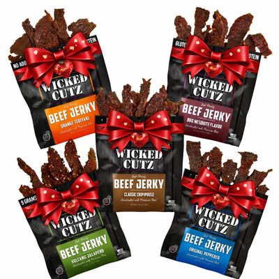 Wicked Cutz Beef Jerky Variety Pack | 5 Flavors Up to 36g Protein Per Bag | Tender, Easy to Chew, USA Made, High Protein Carnivore Snacks | Valentines Day Gifts for Men (5 Bags)