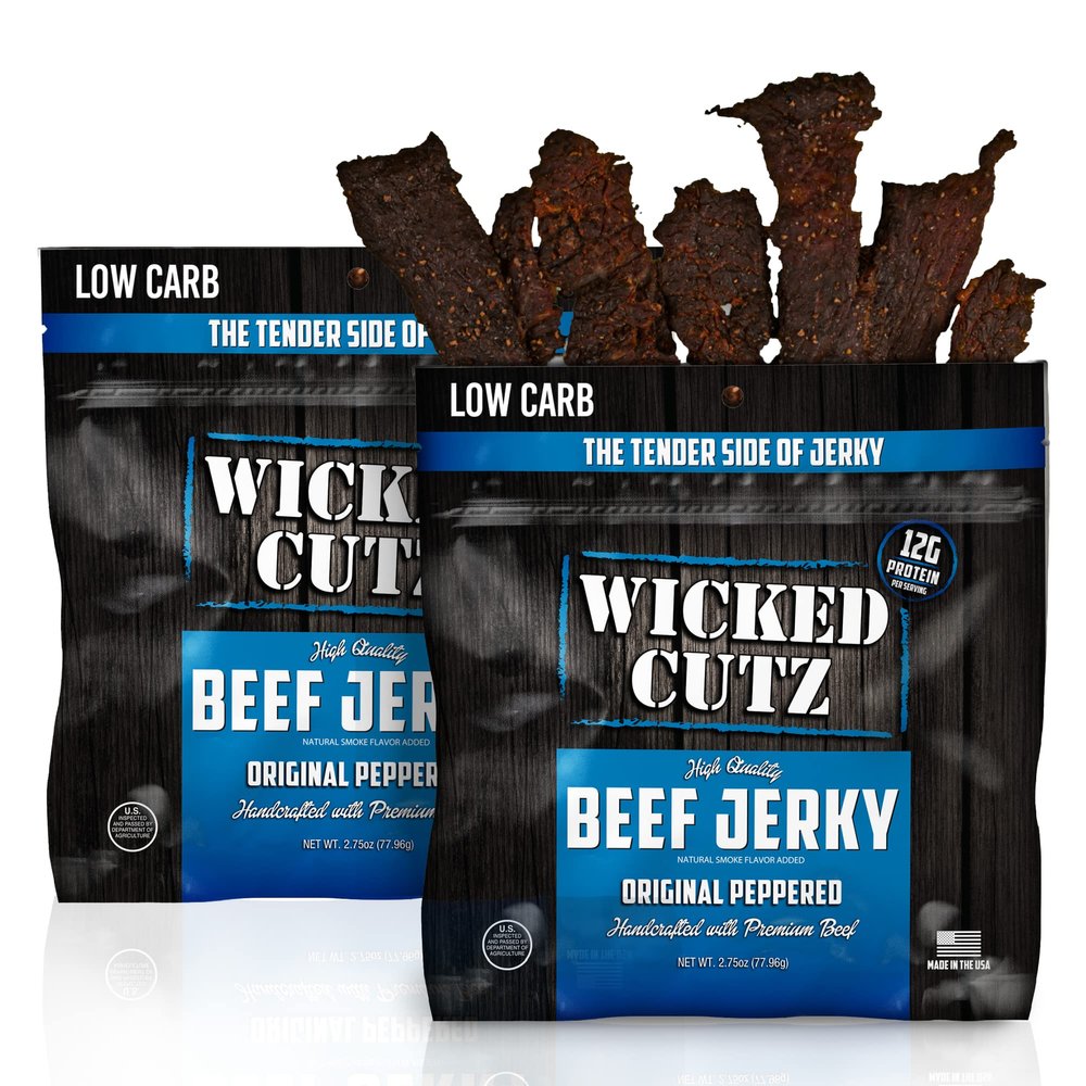 Wicked Cutz Original Peppered Beef Jerky, 36g Protein Per Bag, Tender & Easy to Chew Alternative to Beef Sticks, USA Made High Protein Carnivore Snacks (2 Bags)