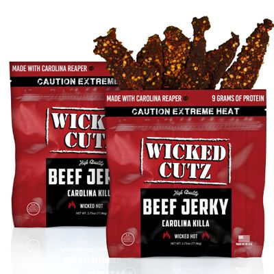Wicked Cutz Carolina Killa Super Spicy Beef Jerky, 27g Protein Per Bag, Tender & Easy to Chew Alternative to Beef Sticks with Carolina Reapers, USA Made High Protein Carnivore Snacks (2 Bags)