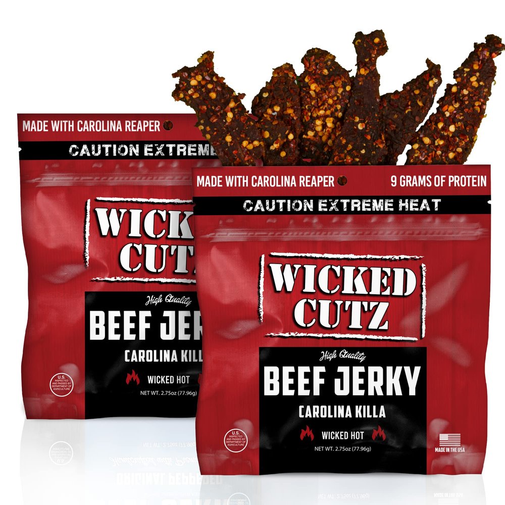 Wicked Cutz Carolina Killa Super Spicy Beef Jerky, 27g Protein Per Bag, Tender & Easy to Chew Alternative to Beef Sticks with Carolina Reapers, USA Made High Protein Carnivore Snacks (2 Bags)
