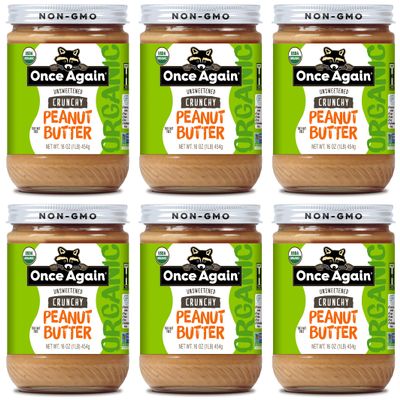 Once Again 6PK Organic Crunchy Peanut Butter, 16oz - Lightly Salted, Unsweetened - USDA Organic, Gluten Free Certified, Vegan, Kosher - Glass Jar