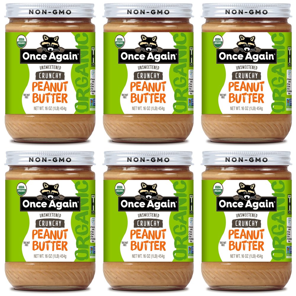Once Again 6PK Organic Crunchy Peanut Butter, 16oz - Lightly Salted, Unsweetened - USDA Organic, Gluten Free Certified, Vegan, Kosher - Glass Jar