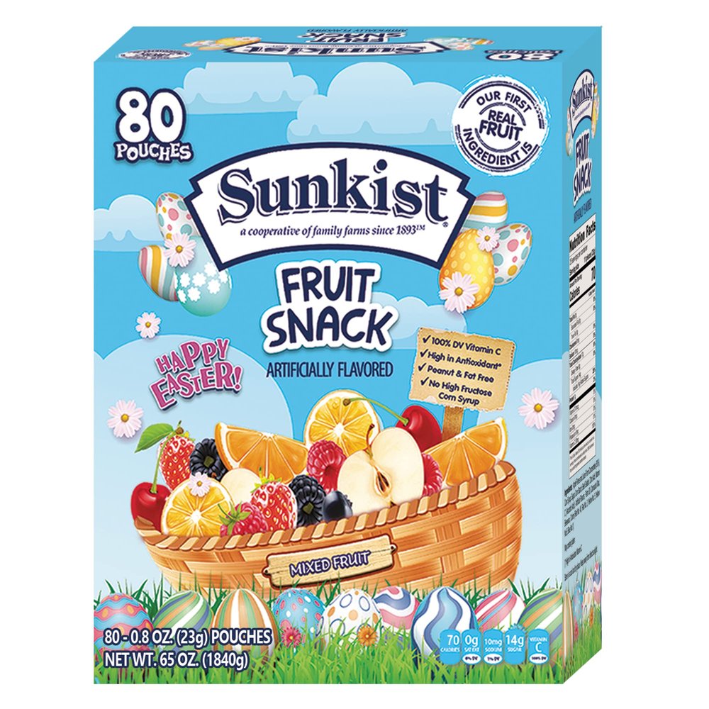 Assorted Fruit Snacks For Easter - Mixed Fruit Flavor - 80 Count x 0.8 oz Individual Single Serve Bags - 100% DV Vitamin C - Peanut & Fat Free - No High Fructose Corn Syrup