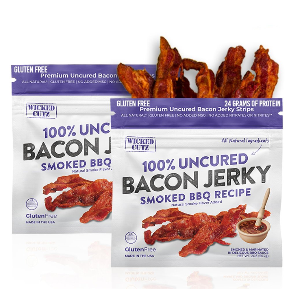 Smoked BBQ Bacon Jerky, 24g Protein Per Bag, Tender & Easy to Chew Fully Cooked Bacon, USA Made High Protein Carnivore Snacks (2 Bags)