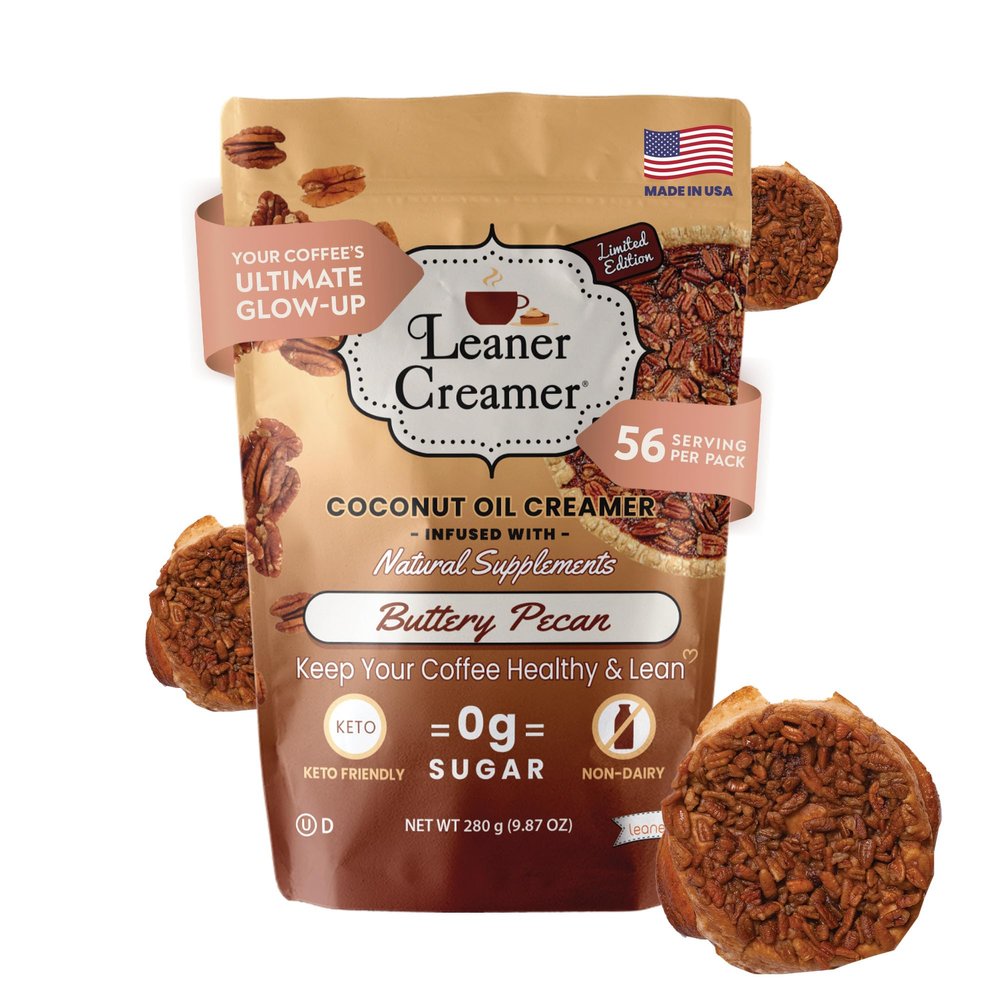 Leaner Creamer Non-Dairy Sugar Free Coffee Creamer Powder. Perfect Coconut Oil Non-Dairy Powder To Naturally Cream and Sweeten Coffee, Smoothies, Protein Shakes & More! Ideal Flavoring For All Diets (Buttery Pecan Pouch (9.87 oz))