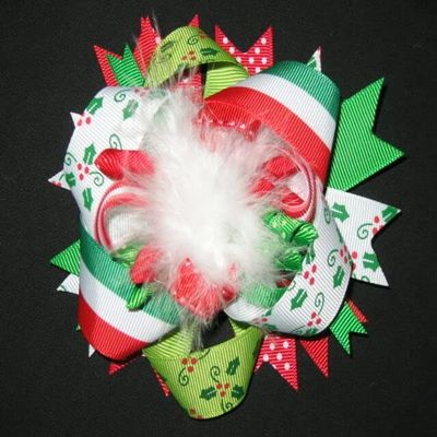 "HOLLY & STRIPES" Fur Christmas Hairbow Alligator Clips Girls Ribbon Bows