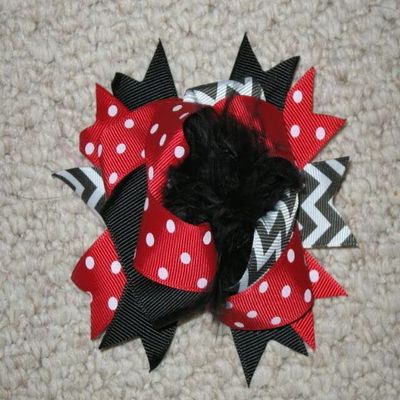 "RED & BLACK CHEVRON POOF" Fur Hairbow Alligator Clips Girls Ribbon Bows