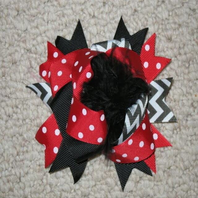 "RED & BLACK CHEVRON POOF" Fur Hairbow Alligator Clips Girls Ribbon Bows