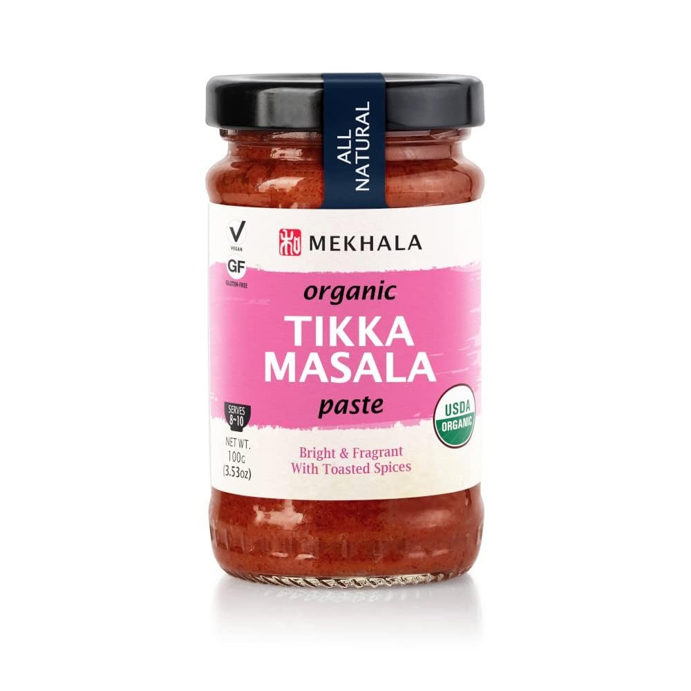Mekhala Organic Tikka Masala Indian Cooking Paste. Versatile sauce, marinade, cooking paste. Medium spice ORGANIC VEGAN GLUTEN-FREE NO ADDED SUGAR 3.53oz