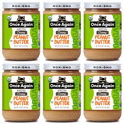 Once Again Organic Creamy Peanut Butter, 16oz - Lightly Salted, Unsweetened - USDA Organic, Gluten Free Certified, Vegan, Kosher - Glass Jar - Case of 6
