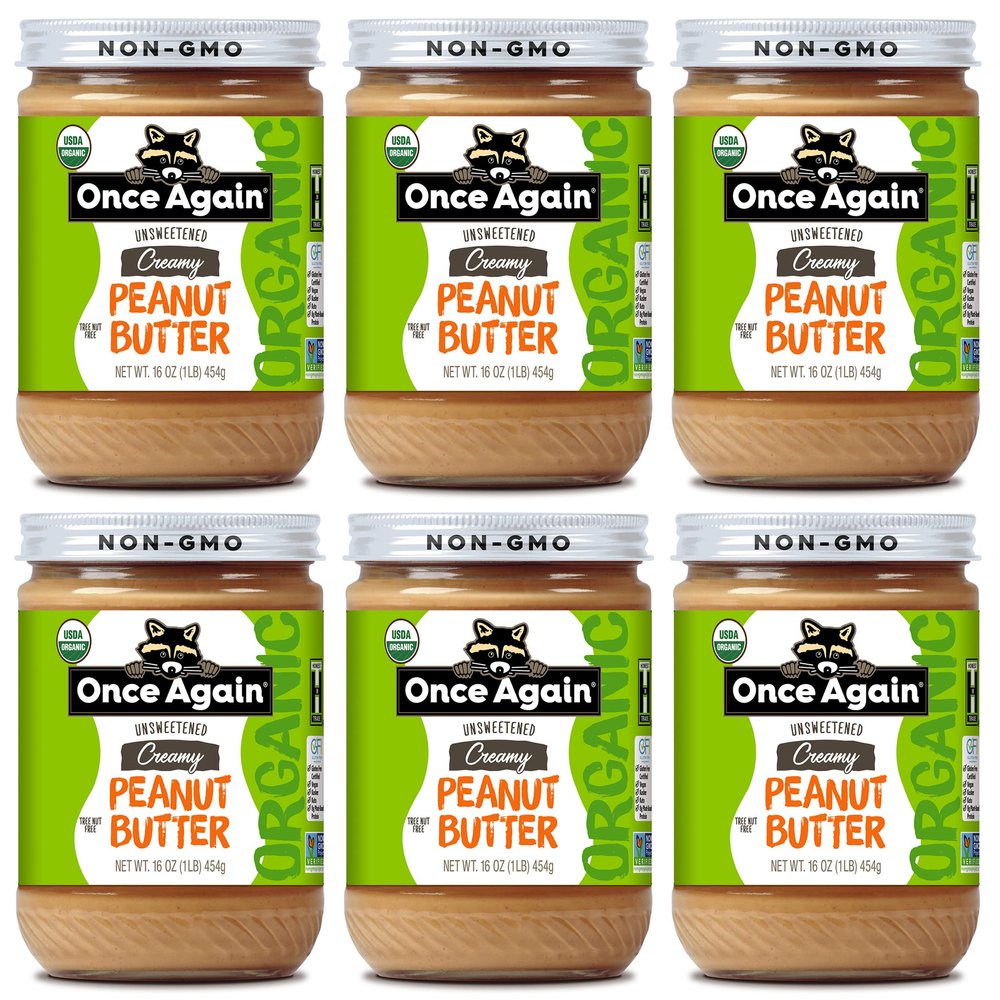 Once Again Organic Creamy Peanut Butter, 16oz - Lightly Salted, Unsweetened - USDA Organic, Gluten Free Certified, Vegan, Kosher - Glass Jar - Case of 6