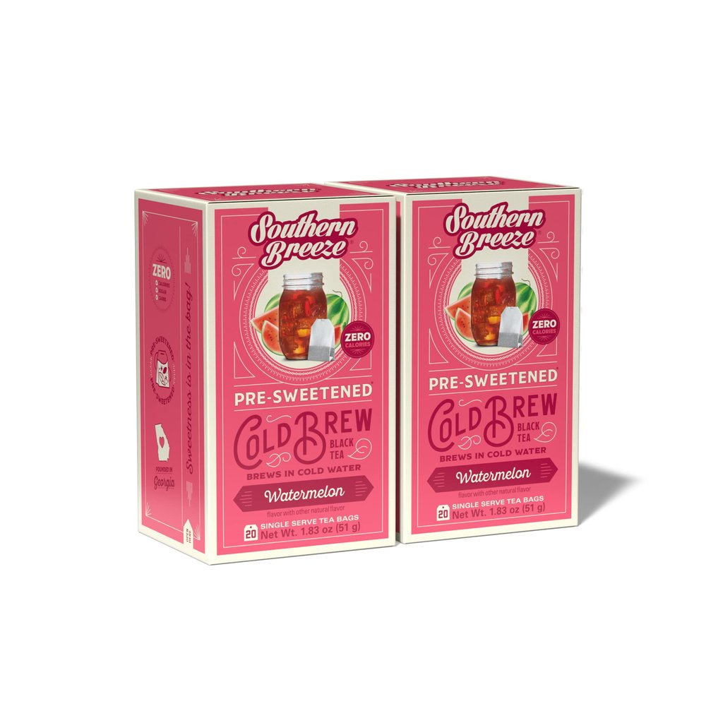 Southern Breeze Cold Brew Sweet Tea Watermelon Iced Tea with Black Tea and Zero Carbs Zero Sugar, 20 Individually Wrapped Tea Bags (Pack of 2) Southern Sweet Tea Iced Tea Beverage