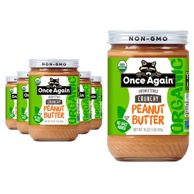 Once Again Organic Crunchy Peanut Butter No Sugar Added - Single Ingredient, Unsalted, Natural Peanut Butter No Palm Oil - Glass Jar, Non-GMO, Gluten Free - Chunky, Unsweetened - 6 Jars, 16 oz