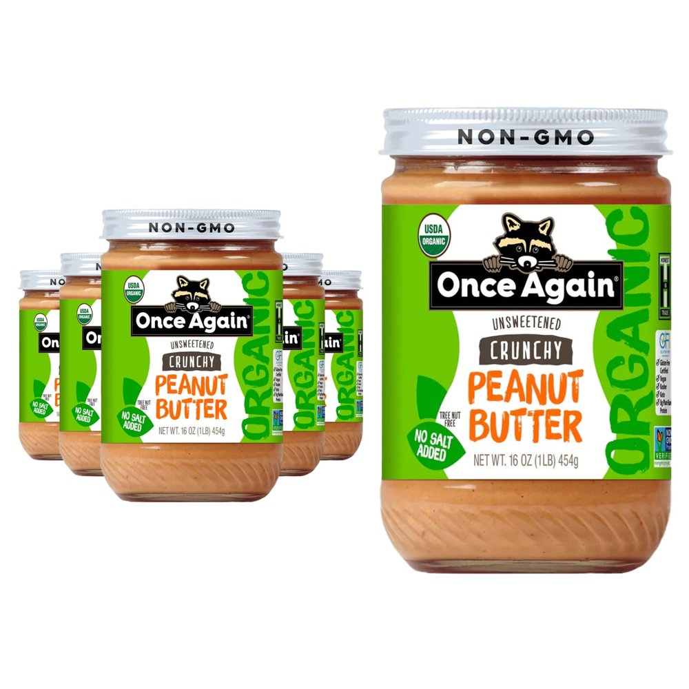 Once Again Organic Crunchy Peanut Butter No Sugar Added - Single Ingredient, Unsalted, Natural Peanut Butter No Palm Oil - Glass Jar, Non-GMO, Gluten Free - Chunky, Unsweetened - 6 Jars, 16 oz