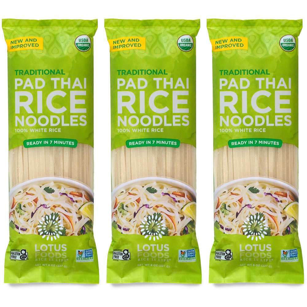 Lotus Foods Traditional Pad Thai Rice Noodles - Pad Thai Noodles, Asian Noodles, Gluten Free Noodles, Rice Noodles, Whole Grain, Non GMO, USDA Organic - 8 Oz (Pack of 3)