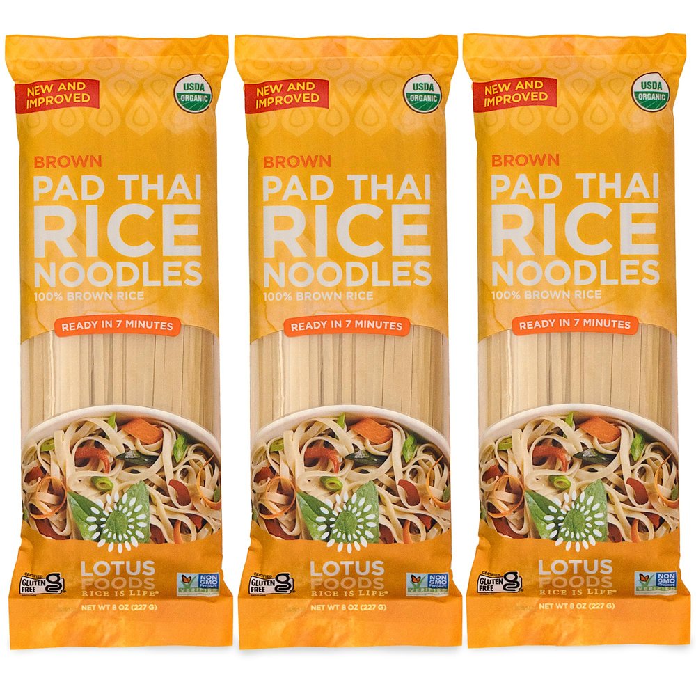 Lotus Foods Organic Brown Rice Pad Thai Noodles - Asian Style Noodles for Stir Fry, Gluten Free, Vegan, Whole Grain, Non GMO, Serve Hot or Cold - 8 Oz (Pack of 3)