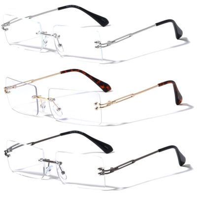V.W.E. 3 Pairs Men Metal Fully Rimless Rectangular Reading Glasses - 140mm Width Modern Classy Clear Lens Reader (3 Assorted (Silver/Gold/Gunmetal), 2.75, diopters)