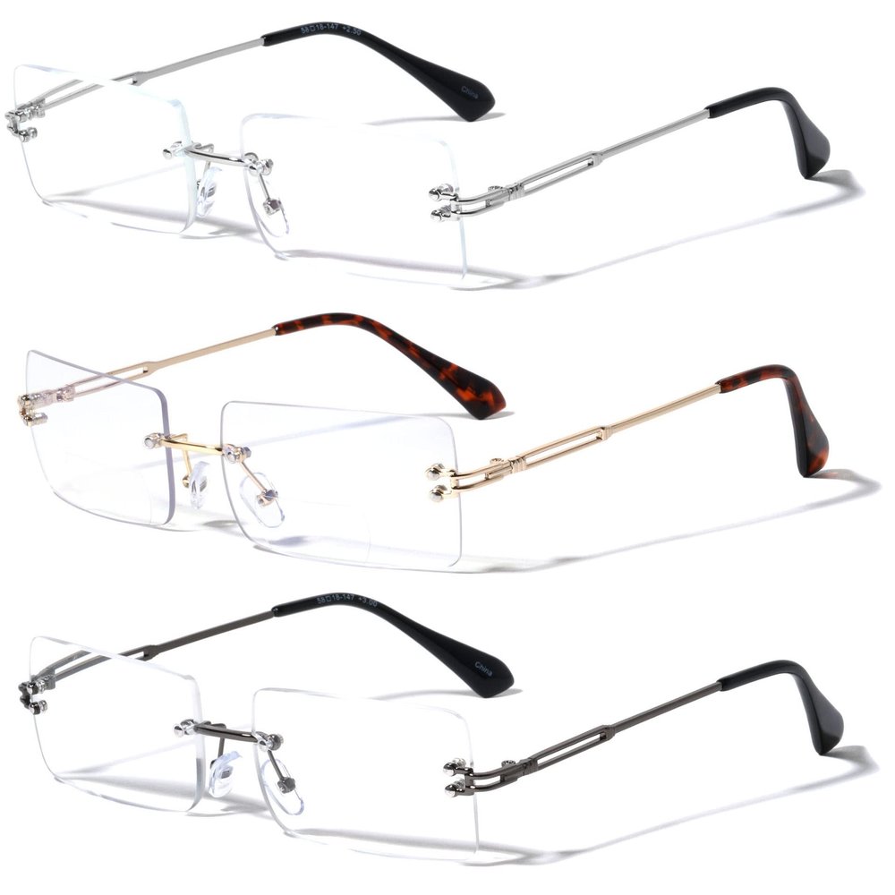 V.W.E. 3 Pairs Men Metal Fully Rimless Rectangular Reading Glasses - 140mm Width Modern Classy Clear Lens Reader (3 Assorted (Silver/Gold/Gunmetal), 2.75, diopters)