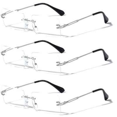 V.W.E. 3 Pairs Men Metal Fully Rimless Rectangular Reading Glasses - 140mm Width Modern Classy Clear Lens Reader (3 Silver, 3.00, diopters)