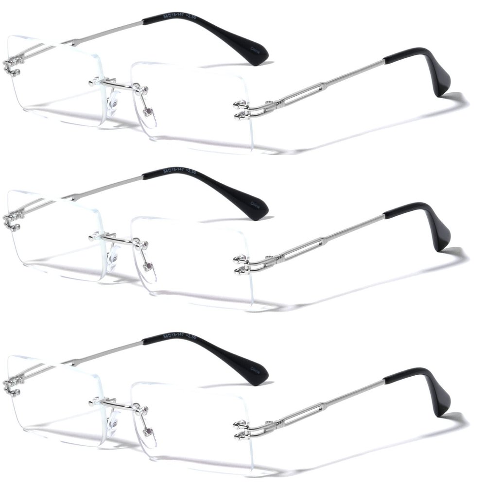 V.W.E. 3 Pairs Men Metal Fully Rimless Rectangular Reading Glasses - 140mm Width Modern Classy Clear Lens Reader (3 Silver, 3.00, diopters)