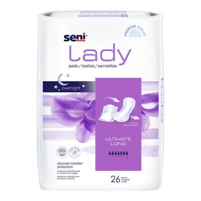 Seni Lady Overnight Pads, Ultimate Long Overnight Incontinence Bladder Control Pads with Adhesive Strip, 26 Count (1 Pack of 26), Discrete Bladder Protection for Women