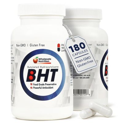 Wholesale Nutrition BHT - 250mg Potent Antioxidant - Non-GMO, Gluten-Free - Enhance Oil/Fat Preservation - Pure Butylated Hydroxytoluene for Foods/Oils - 180 Capsules
