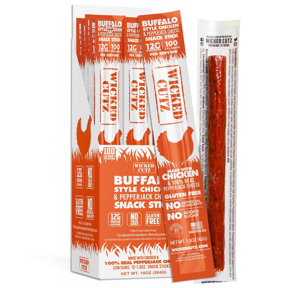 Buffalo Chicken Sticks, 12g Protein Per Chicken Stick, Tender & Juicy Meat Sticks with Real Pepper Jack Cheese, USA Made High Protein Carnivore Snacks (12 Pack)
