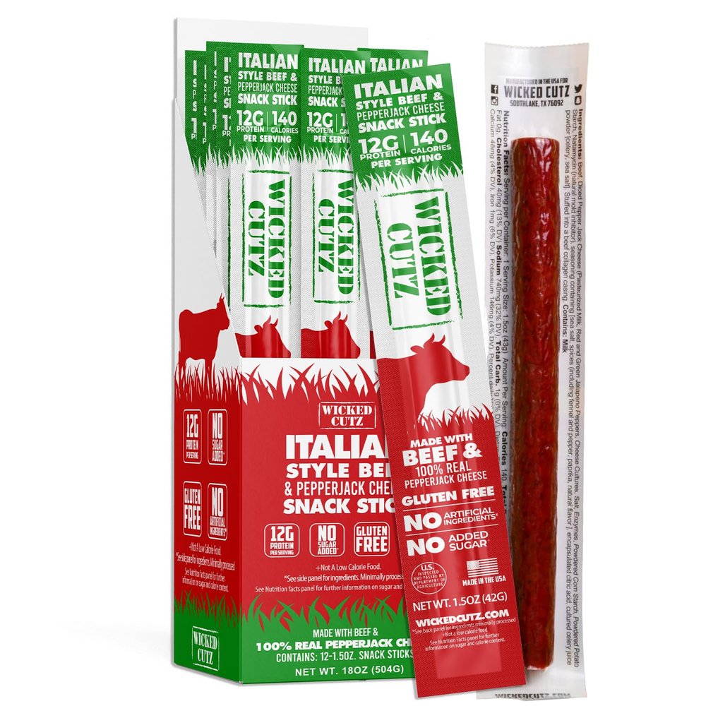 Italian Beef & Cheese Sticks, 12g Protein Per Beef Stick, Tender & Juicy Meat Stick with Real Pepper Jack Cheese, USA Made High Protein Meat Sticks, Carnivore Snacks (12 Pack)