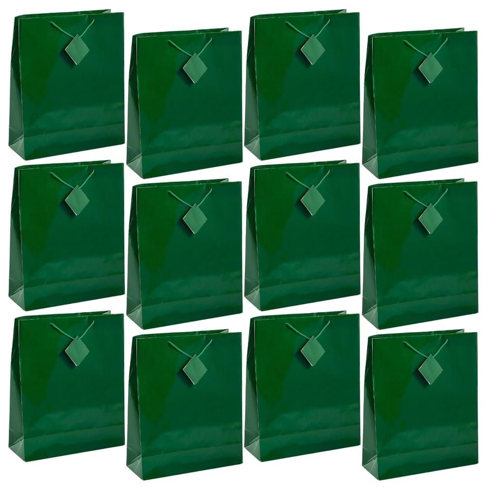 12" x 14 1/2" Extra Large Green Paper Gift Bags with Tags, 12 Piece
