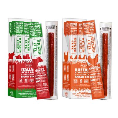 Wicked Cutz Beef & Cheese Sticks Variety Pack, Buffalo Chicken, & Italian Beef & Cheese, 12g Protein Per Meat Stick, USA Made High Protein Meat Sticks, Carnivore Snacks (24 Pack, 12 of Each Flavor)
