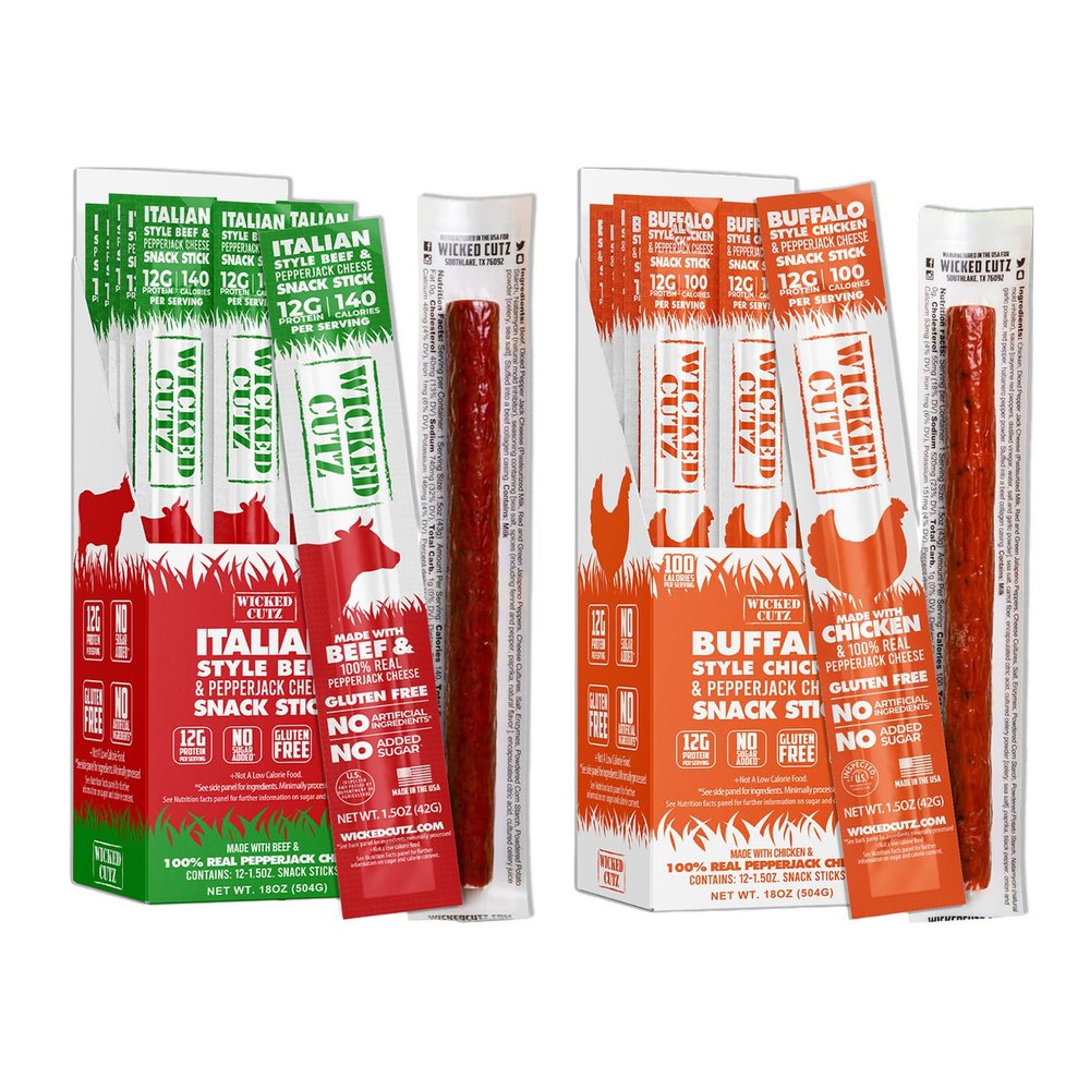 Wicked Cutz Beef & Cheese Sticks Variety Pack, Buffalo Chicken, & Italian Beef & Cheese, 12g Protein Per Meat Stick, USA Made High Protein Meat Sticks, Carnivore Snacks (24 Pack, 12 of Each Flavor)