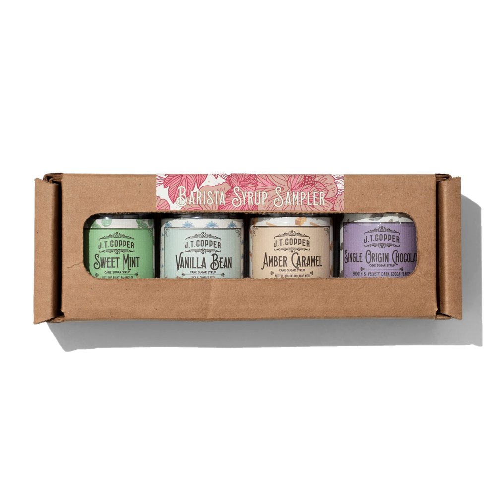 J.T. Copper Barista Syrup Box 4-Pack Sampler (2 oz Each) Single Origin Chocolate, Vanilla Bean, Amber Caramel & Sweet Mint Handcrafted in Floyd, VA Includes Recipe Card