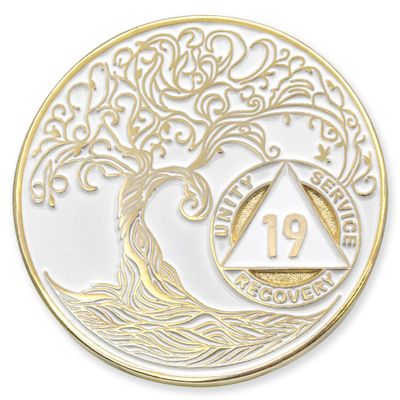 1 to 50 Year Twisted Tree of Life Sobriety Coin - Gold Plated AA Chips & Medallions - 19 Year Sobriety Coin - White