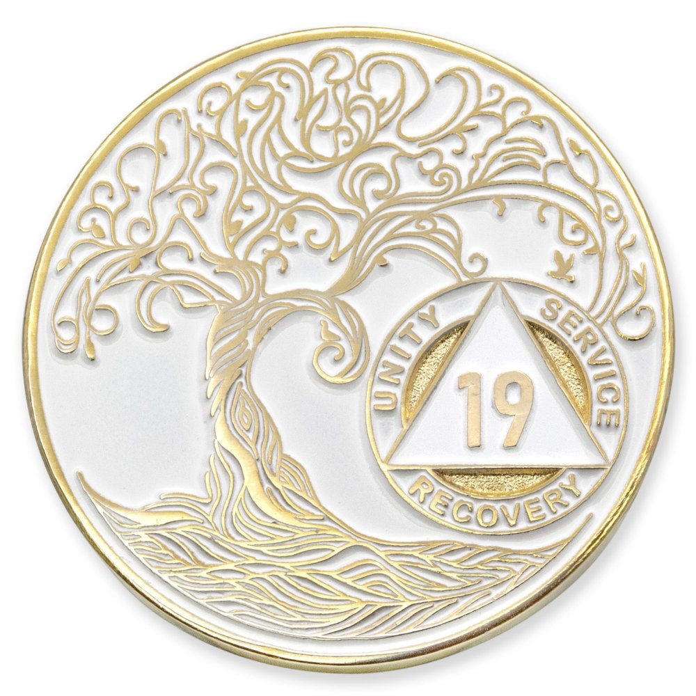 1 to 50 Year Twisted Tree of Life Sobriety Coin - Gold Plated AA Chips & Medallions - 19 Year Sobriety Coin - White
