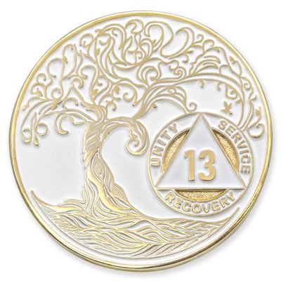 1 to 50 Year Twisted Tree of Life Sobriety Coin - Gold Plated AA Chips & Medallions - 13 Year Sobriety Coin - White
