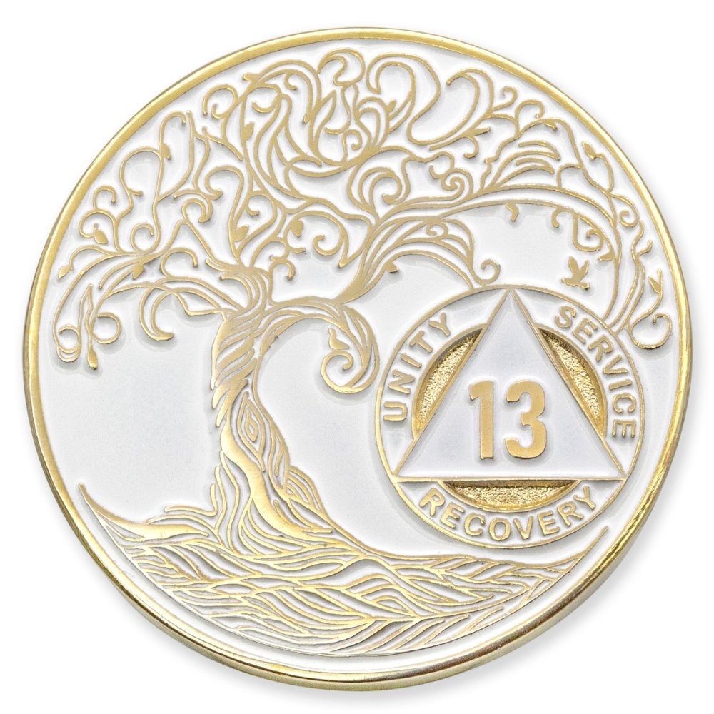 1 to 50 Year Twisted Tree of Life Sobriety Coin - Gold Plated AA Chips & Medallions - 13 Year Sobriety Coin - White