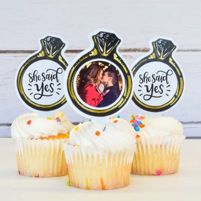 100 Pack of Custom Photo Cupcake Toppers, She Said Yes Cupcake Toppers Plastic Personalized Cupcake Picks 2x4 Inches, Upload 1 Photo, American Made (Ring Shape)