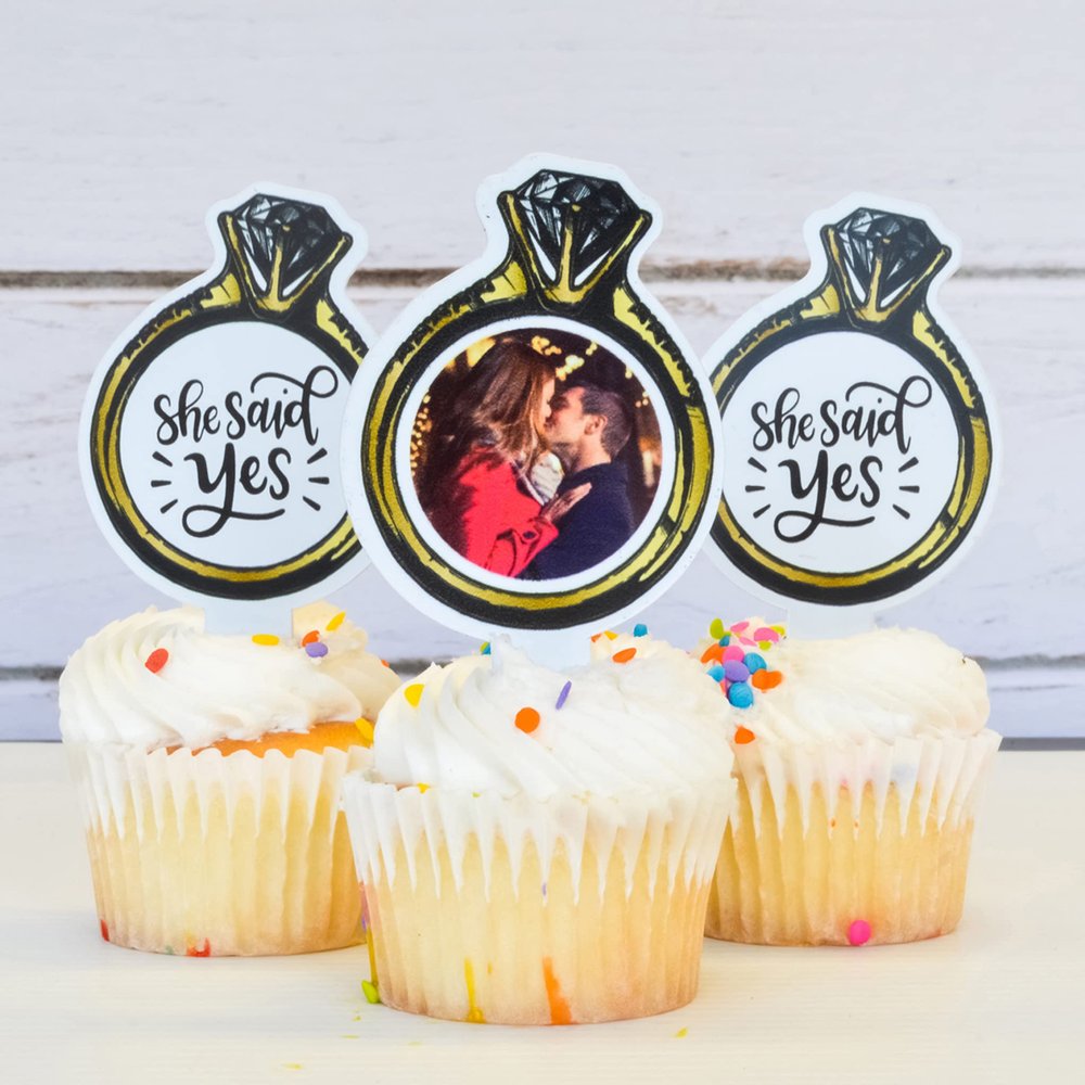100 Pack of Custom Photo Cupcake Toppers, She Said Yes Cupcake Toppers Plastic Personalized Cupcake Picks 2x4 Inches, Upload 1 Photo, American Made (Ring Shape)