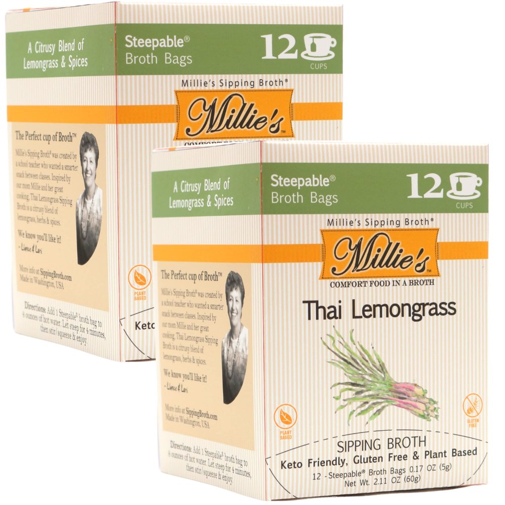 Millie's Sipping Broth - Vegetable Broth -Natural-Gluten Free-Keto Friendly Thai Lemongrass 12 Count Box (2-Pack)